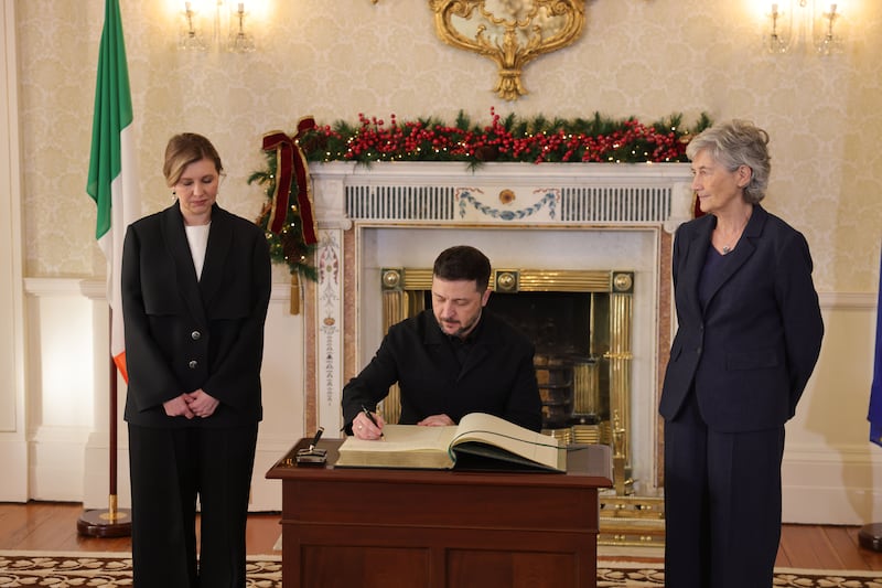 Ukrainian president Volodymyr Zelenskiy during a courtesy call to President Catherine Connolly, accompanied by Ukraine’s first lady Olena Zelenska, at Áras an Uachtaráin. Photograph: Alan Betson/The Irish Times


