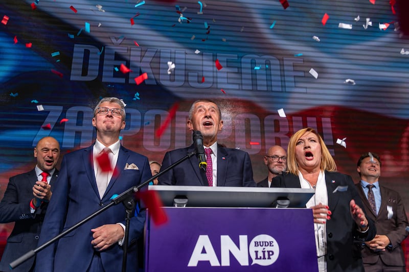 Babis celebrates as he arrives to deliver a speech at the Ano movement election event in Prague on Saturday. Photograph: Martin Divisek/EPA