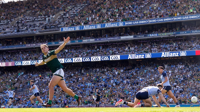 Kerry's David Clifford celebrates his goal into Hill 16 - trying to 'still the Hill'? Photograph: James Crombie/Inpho