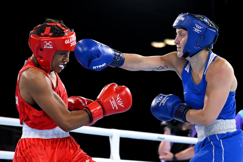 Michaela Walsh of Team Northern Ireland punches Jasmine Daunakamakama of Team Fiji during the Women's 57kg semi-final match on day eight of the Commonwealth Games. Photograph: Mattia Ozbot/Getty