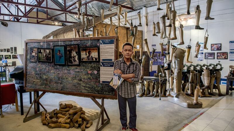 The Cope Visitor Centre in Vientiane, Laos. Cope was formed in 1997  in response to the need to provide UXO (unexploded ordnance) survivors with the care and support they require, namely by way of orthotic and prosthetic devices which are made on site at the centre. Photograph: Brenda Fitzsimons