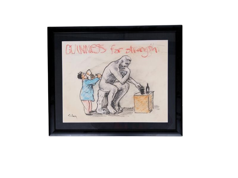 framed Guinness for Strength sculptor carving stone man after Henry Moore sketch by John Gilroy
