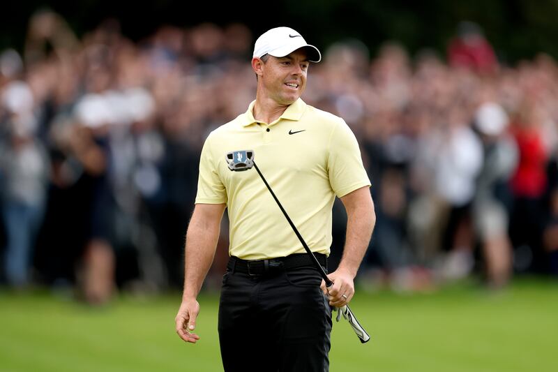 Rory McIlroy reacts as his eagle putt failed to go in on the second playoff hole against Billy Horschel. Photograph: Richard Heathcote/Getty Images