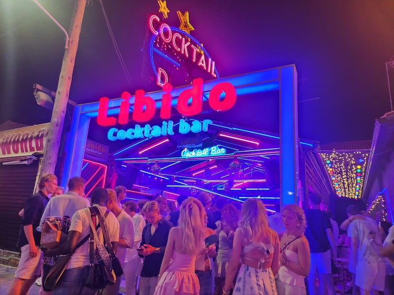 The Laganas tourist strip is packed with bars and clubs. Photograph: Niamh Browne