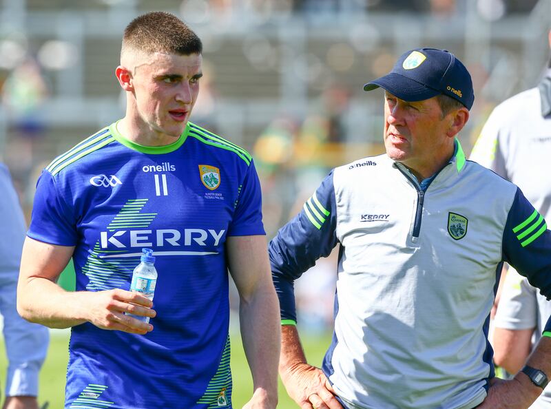 Kerry's Sean O’Shea with manager Jack O’Connor after the Munster final. Photograph: Ken Sutton/Inpho