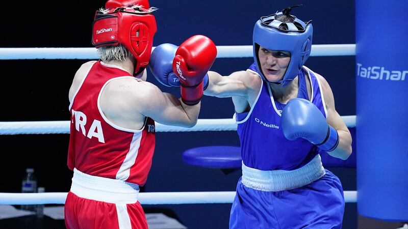 Ireland’s Kellie Harrington in action during her women’s lightweight bout against  Maiva Hamadouche of France. Photograph: Dave Winter/Inpho