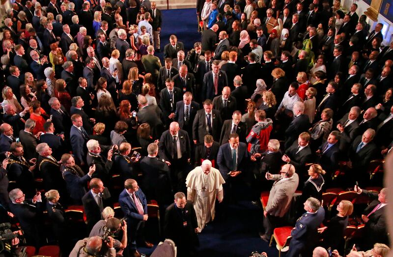 2018. Pope Francis and the Taoiseach Leo Varadkar in Dublin Castle. Photograph: Nick Bradshaw for The Irish Times