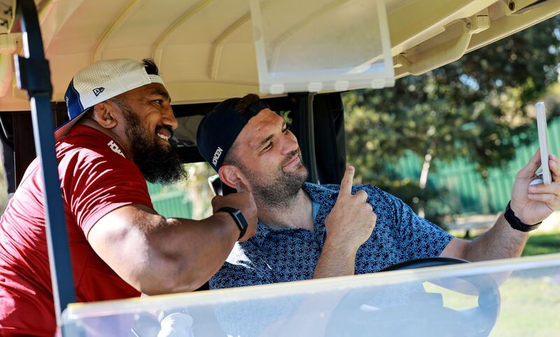 Bundee Aki and Tadhg Beirne during the British and Irish Lions golf day at Joondalup Resort in  Perth on Thursday. Photograph: Dan Sheridan/Inpho
