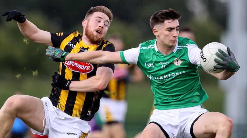 Kilkenny's Nathan Sherry and Shay Rafter of London in the 2023 junior semi-final. Photograph: Ben Brady/Inpho