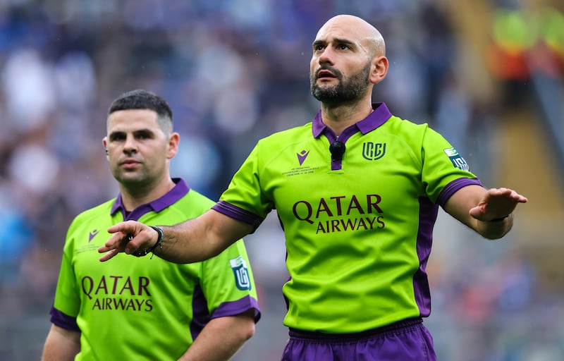 Italian referee Andrea Piardi was firmly calm throughout the URC Grand Final. Photograph: Ben Brady/Inpho