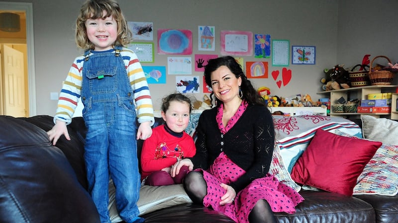 Fiona Mulcahy and her children Luna and Glen Óg at home in Portarlington, Co Laois. Photograph: James Flynn/APX