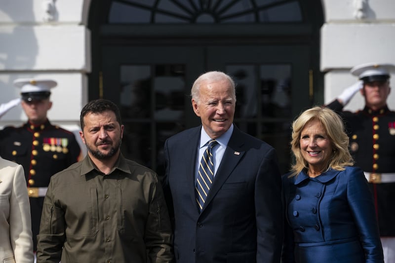 President Volodymyr Zelenskiy of Ukraine (from left) with US president Joe Biden and First Lady Jill Biden at the White House in Washington, DC on Thursday. Photograph: Bloomberg