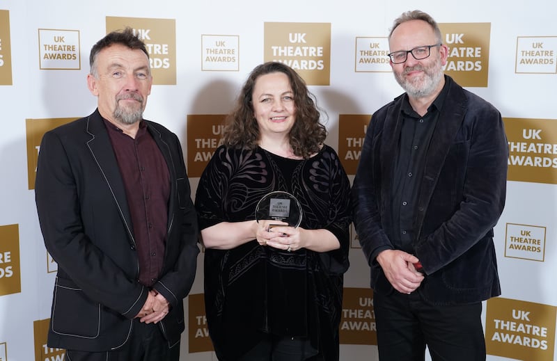 Mark O'Brien, Catriona McLaughlin and Jimmy Fay with the Best Play Revival award for Translations, an Abbey Theatre and Lyric Theatre Belfast co-production, at the UK Theatre Awards in 2022. Photograph: Ian West/PA