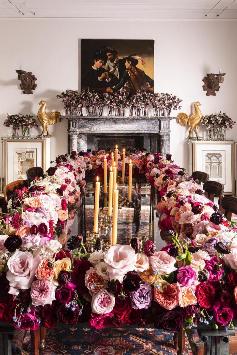 A table at Corke Lodge, Bray decorated with roses, forget me nots and hellebores