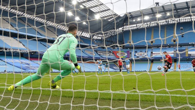 Bruno Fernandes opens the scoring from the penalty spot. Photograph: Peter Powell/EPA