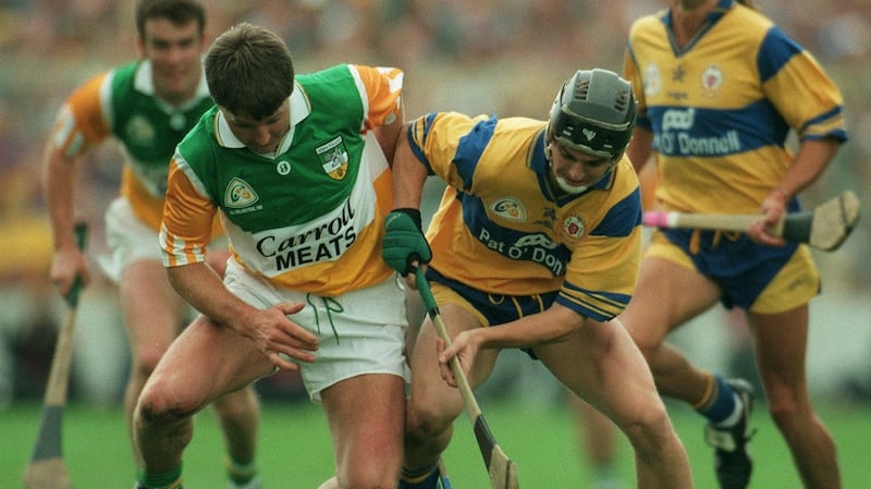 Martin Hanamy of Offaly tussles with Stephen McNamara of Clare during the 1995 All-Ireland final. Photograph: Lorraine O’Sullivan/Inpho