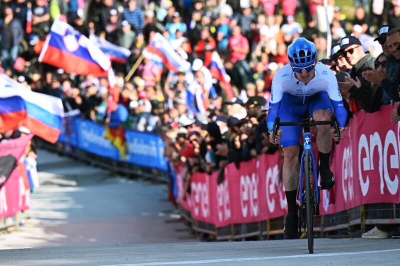 Eddie Dunbar crosses the finish line during the 106th Giro d'Italia 2023 on Saturday. Photograph: Stuart Franklin/Getty Images
