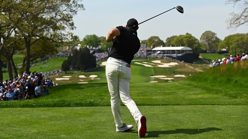 Rory McIlroy drives on the 18th hole  during the second round of the 2019 US Championship at Bethpage Black. Photograph: Ross Kinnaird/Getty
