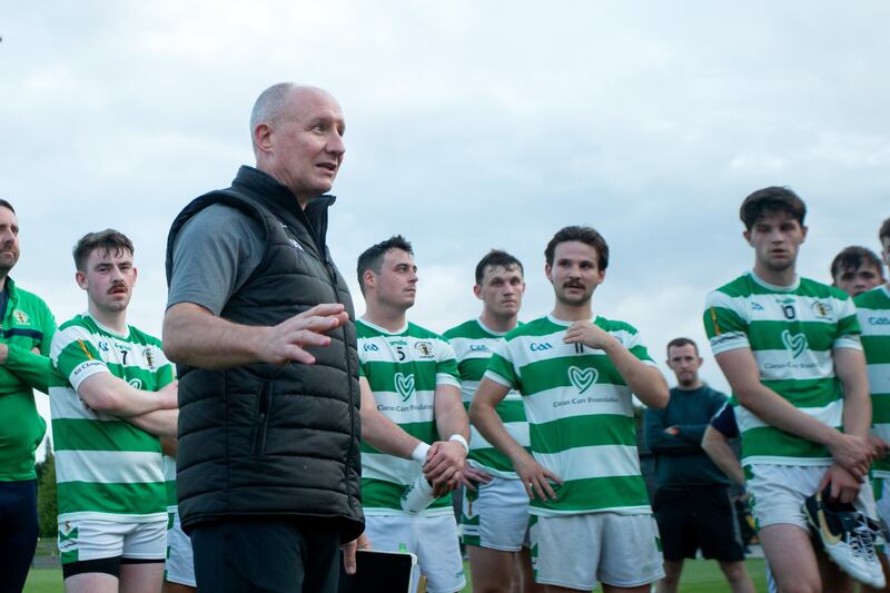 GAA Football Review Committee trial game, 
Round Towers Clondalkin vs Fingallians.
Jim Gavin speaks to both sides after the match. Photograph: Inpho