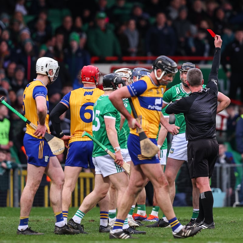 Limerick's Diarmaid Byrnes is shown a red card by referee Thomas Walsh during the Allianz Hurling League Division 1Amatch against Clare at the TUS Gaelic Grounds. Photograph: Ben Brady/Inpho