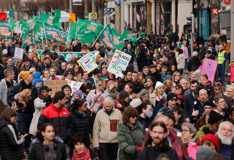 The march was organised by a broad coalition of groups including Le Chéile, the National Women’s Council of Ireland, Fórsa, Siptu, Unite, Ireland For All Community Groups, MASI, Amnesty International, Black and Irish and a number of political parties. Photograph: Alan Betson

