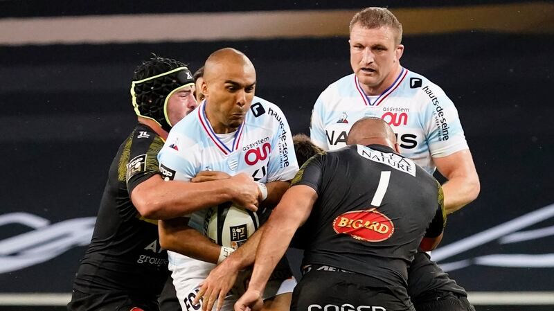Simon Zebo of Racing 92 finds his way blocked during the  Top 14  semi-final against La Rochelle. Photograph: Dave Winter/Inpho