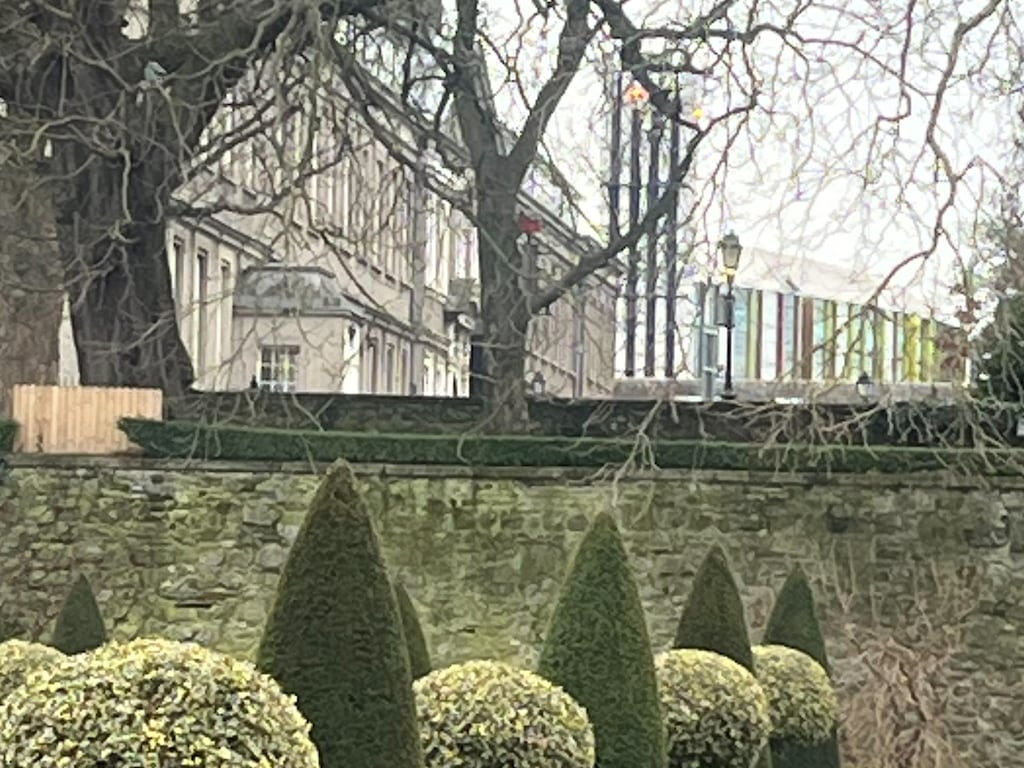 The Royal Hospital Kilmainham (top left) as seen from its walled garden, with the new national children's hospital behind