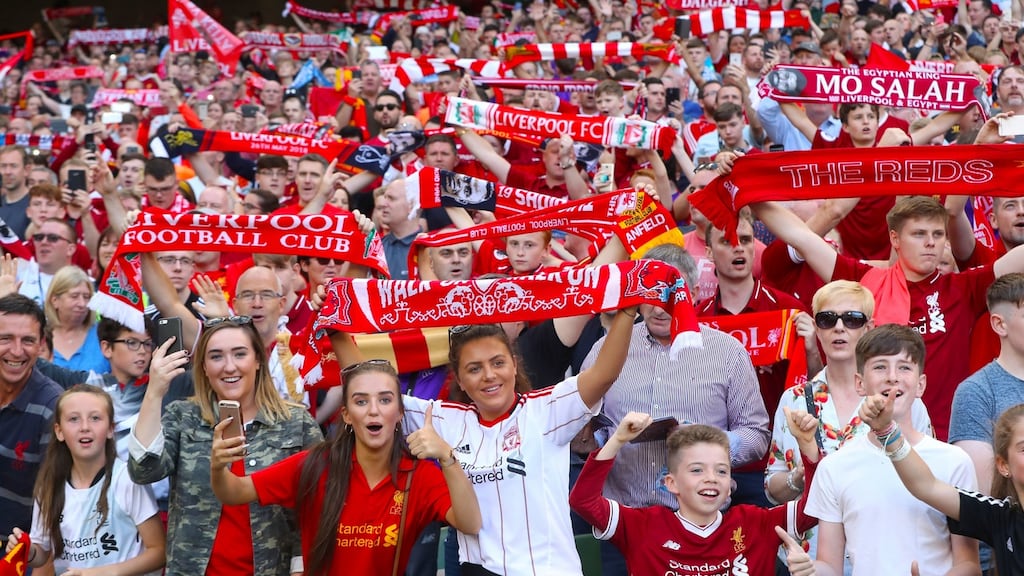 Liverpool fans in the stands during the pre-season friendly match at the Aviva Stadium, Dublin. Photograph: PA