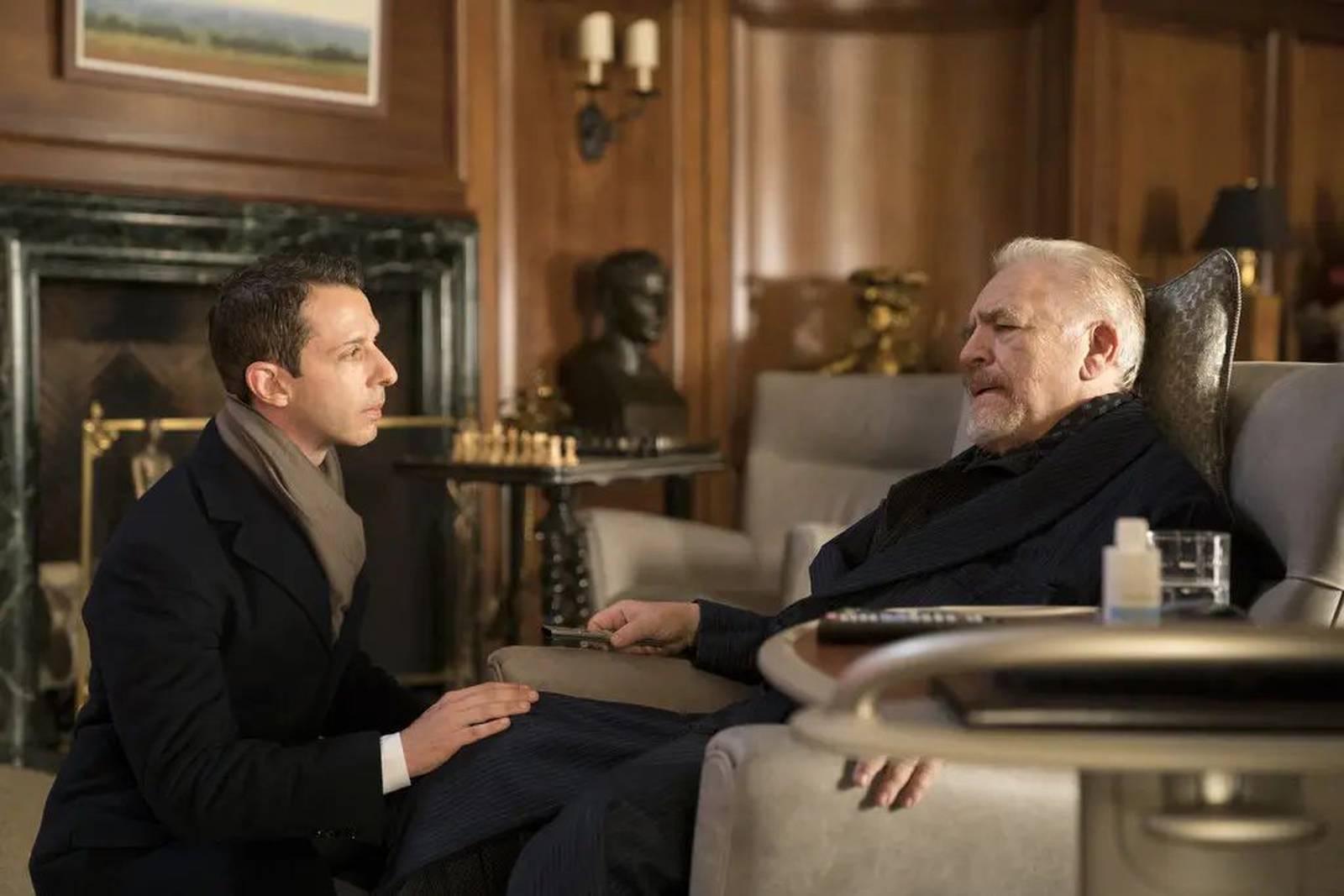 Brian Cox as Logan Roy, with Jeremy Strong as his son Kendall, in season one of Succession. The character had his first brush with death, a stroke, at the beginning of the first season. Photograph: Peter Kramer/HBO