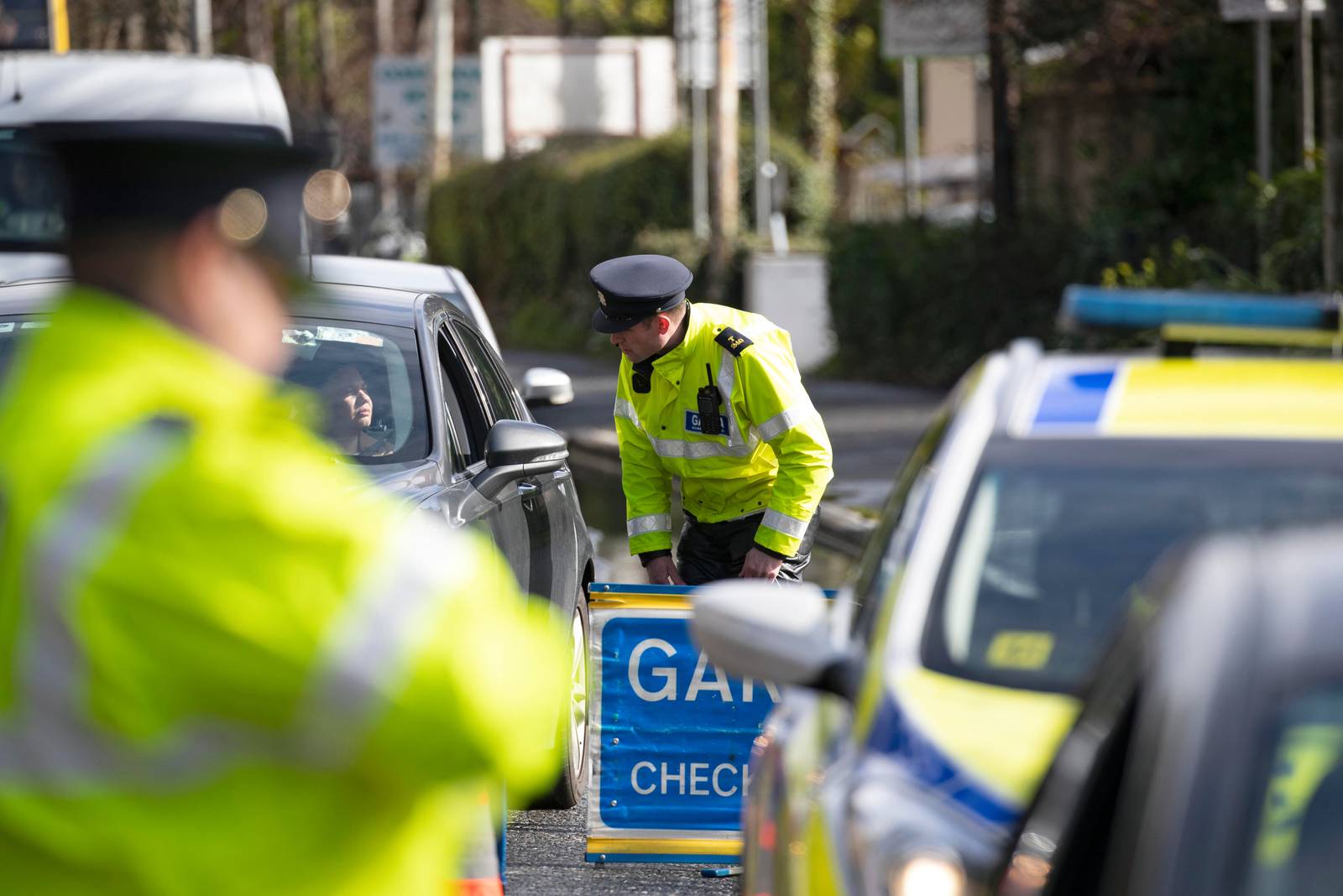 14/03/2022 Gardai  speak to motorists pictured this morning at a Garda checkpoint on Chapelizod Road, Dublin  at the launch of an appeal by the Road Safety Authority (RSA) and An Garda Síochána for their St. Patrick’s Weekend Bank Holiday road safety appeal. The RSA and An Garda Síochána will focus their appeal on drink driving but particularly drink driving the morning after.....Picture Colin Keegan, Collins Dublin