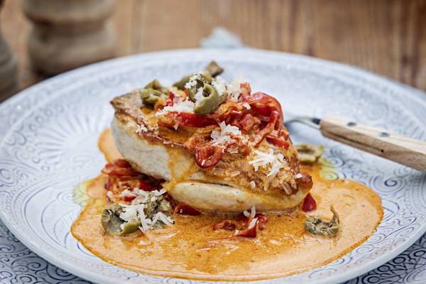 Chicken with roast peppers, olives and smoky Parmesan cream
