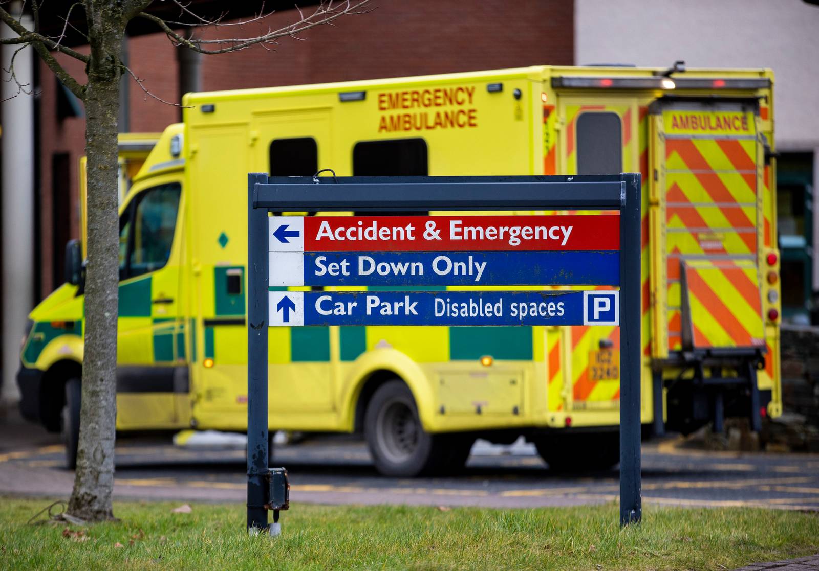 Signage for the accident and emergency (A&E) department at Causeway Hospital in Northern Ireland. Picture date: Monday January 18, 2021. PA Photo. See PA story ULSTER Coronavirus Ambulance. Photo credit should read: Liam McBurney/PA Wire