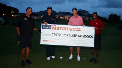 Tiger Woods and Peyton Manning hold their nerve in $20m Covid-19 charity match