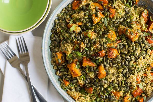 Quinoa salad with roasted squash, mint and pumpkin seeds